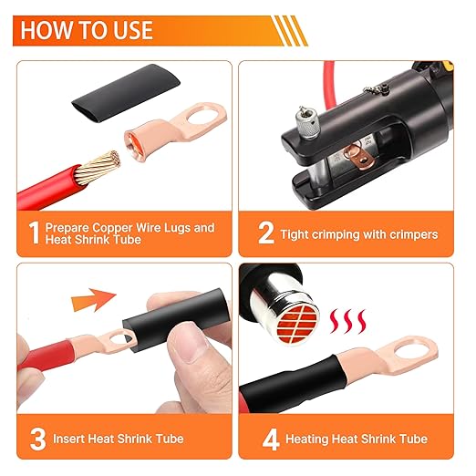 Kuject 220PCS Battery Cable Ends AWG 1 2 4 6 8 1/0 2/0 Gauge, 110PCS Heavy Duty Copper Wire Lugs Kit, Battery Cable Terminal Connectors Assortment with 110PCS 3:1 Heat Shrink Tubing