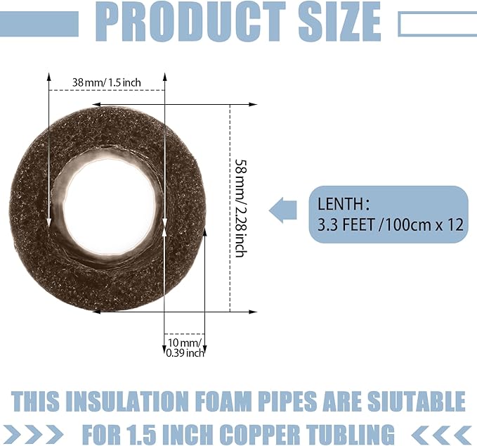 Amylove 12 Pcs 3.3 Feet Foam Pipe Insulation Foam Tube Insulating Water Pipe Pool Swim Noodles Heat Preservation Pipe Covers for Tubing Outdoor Freeze Protection (Brown,1.5 Inch)