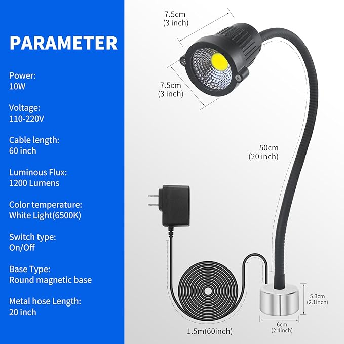 Magnetic Work Light, LED Work Light, with Flexible Gooseneck and Magnetic Base, Shop Tool Lamp for Lathe, Bandsaw, Work Bench, Sewing Machine, Industrial Lighting, 1200Lumens