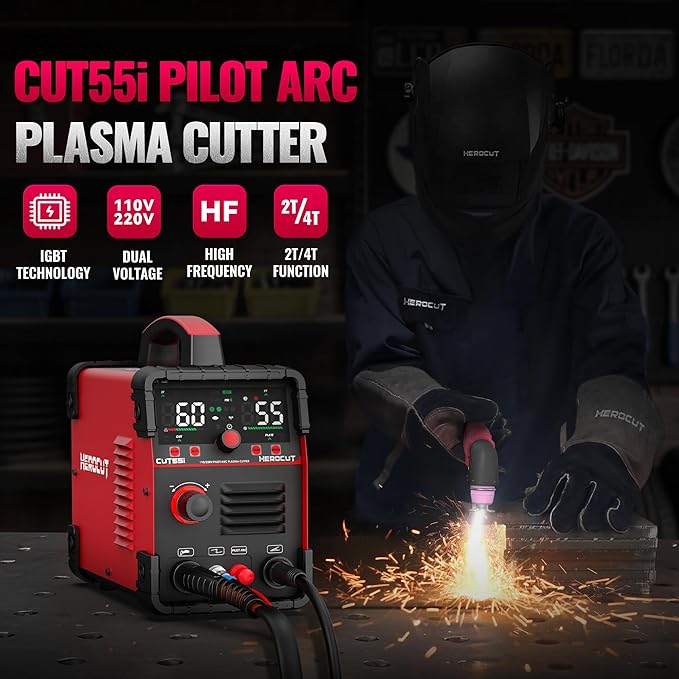 Plasma Cutter, 55Amps HEROCUT Plasma Cutter Machine CUT55i, Non-Touch Pilot Arc, 110/220V Dual Voltage IGBT Inverter, Screen Display, Air Sensor, 1/2'' Clean Cutting Thickness, 2T/4T for Beginners DIY