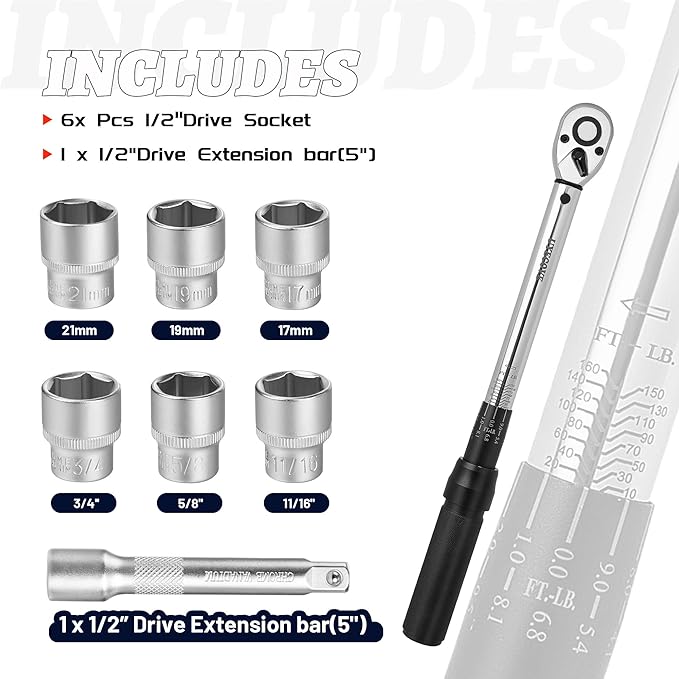 1/2-Inch Drive Click Torque Wrench Set, 10-160 FT-LB/13.6-217Nm, Dual-Direction Adjustable 72-Tooth Torque Wrench Kit with Extension Bar, Socket Set-8PCS Black