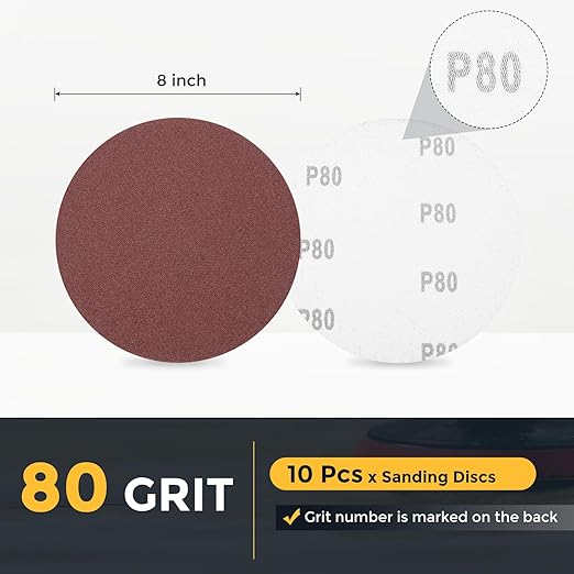 HARFINGTON 10 Pcs 8 Inch Sanding Disc 80 Grit Hook and Loop Sandpaper Random Orbital Sander Pads for Woodworking Automotive Metal Polishing