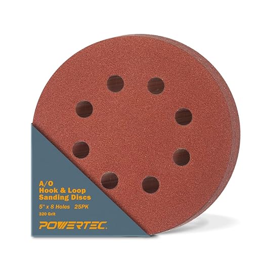 POWERTEC 25PK, 320 Grits, Sanding Discs 5 Inch - Hook and Loop, 5 Inch 8 Hole Aluminum Oxide Sandpaper Discs, Woodworking Sanding Pads for Random Orbital, Palm, Air, DA & Pneumatic Sander (45032)