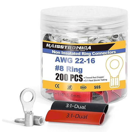 haisstronica Non Insulated Wire Connectors Kit，100pcs #8 Ring Terminals (AWG 22-16) with 100pcs 3:1 Heat Shrink Tubing for Automotive Marine，Brazed Seam Wire Crimp terminals