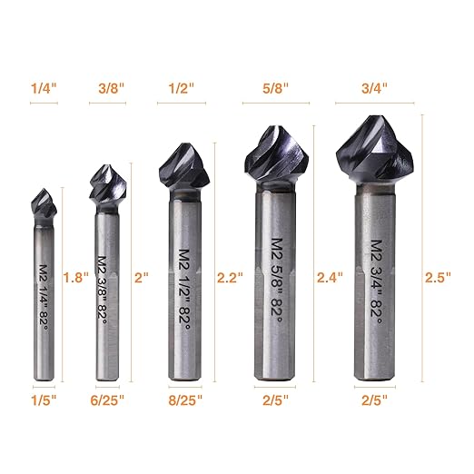 Countersink Drill Bit Set, 5 Pieces M2 High Speed Steel with 82 Degree, 3 Spiral Flutes, Tri-Flat Shank, Cutter Bit Countersink in Size 1/4" 3/8" 1/2" 5/8" 3/4" for Wood, Metal, Plastic...