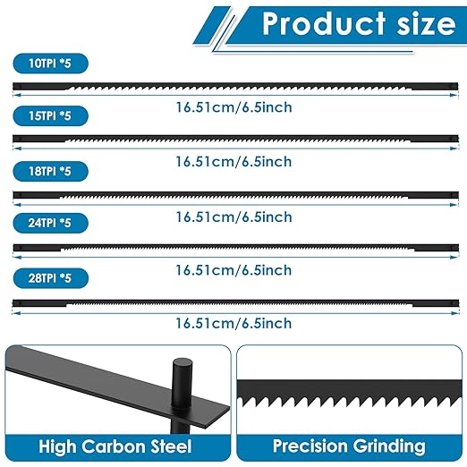 25Pcs Coping Saw Blades Set 6-1/2 Inch Long Between Pins Sturdy Wood Cutting Saw Blades Kit High Carbon Steel Pin End Scroll Blade Assortment (10/15/18/24/28TPI)