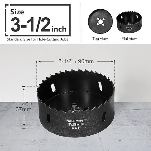 3-1/2 Inch Hole Saw with 3/8" Triangle Shank Quick Change Arbor, JTemgle Bi-Metal Hole Saw Heavy Duty Hole Cutting Tool for Cornhole Boards, Recessed Lights, Wood, Plastic, Drywall & Soft Metal