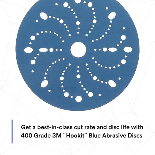 3M Hookit Blue Abrasive Discs 36181, Multi-Hole, 6 in, 400+ Grade, Pack of 50, Virtually Dust-Free, for Auto Sanding, Body Repair, Featheredging, Primer Sanding, Paint Preparation, E-Coat