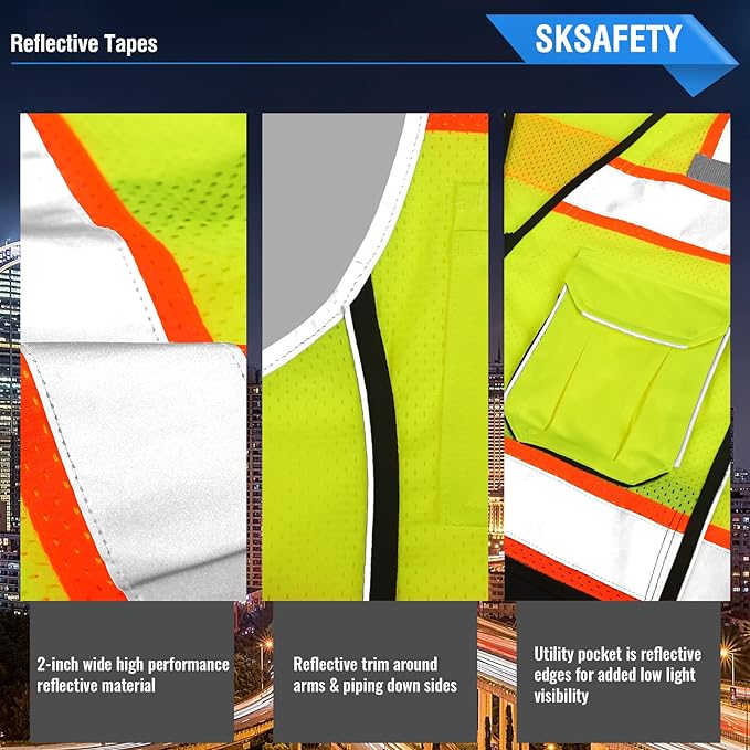 SKSAFETY 10 Pockets Professional level Safety Vest, Class 2 High Visibility Security Vest with Zipper, Hi Vis Vest with Reflective Strips, ANSI/ISEA Standard, Construction Work Vest（Lime Black, XL）