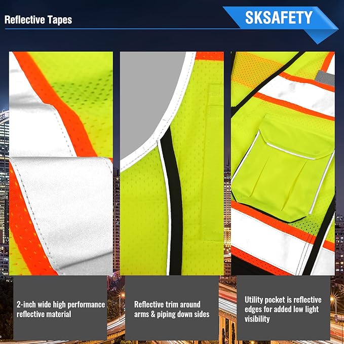 SKSAFETY Professional Safety Vest - Class 2 High Visibility with Reflective Strips, ANSI/ISEA Standard (Lime Black, L)