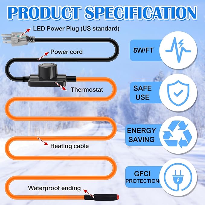 FANOVO Pipe Heat Tape with Thermostat, 12ft Heat Tape for Water Pipes, Heating Tape for Water Pipes or Hose, Self Regulating Heat Tape Cable, for Metal Plastic Pipes and Roof RV Freeze Protection