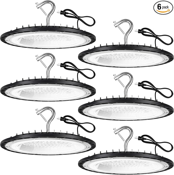6 Pack 100W UFO Led High Bay Light Fixture,5000K Daylight Commercial Shop Bay Lighting,120v,15000LM,[450W MH/HPS Equiv.] US Plug Area Lighting for Garage/Warehouse/Barn/Gym/Factory/Workshop