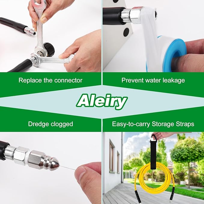 Sewer Jetter Kit for Pressure Washer,Water Jet Drain Cleaning Hose with Corner Rotating Button Spring Nose 1/4" NPT Sewer Cleaning Tool High-Pressure Nozzles,5800 PSI 150 FT