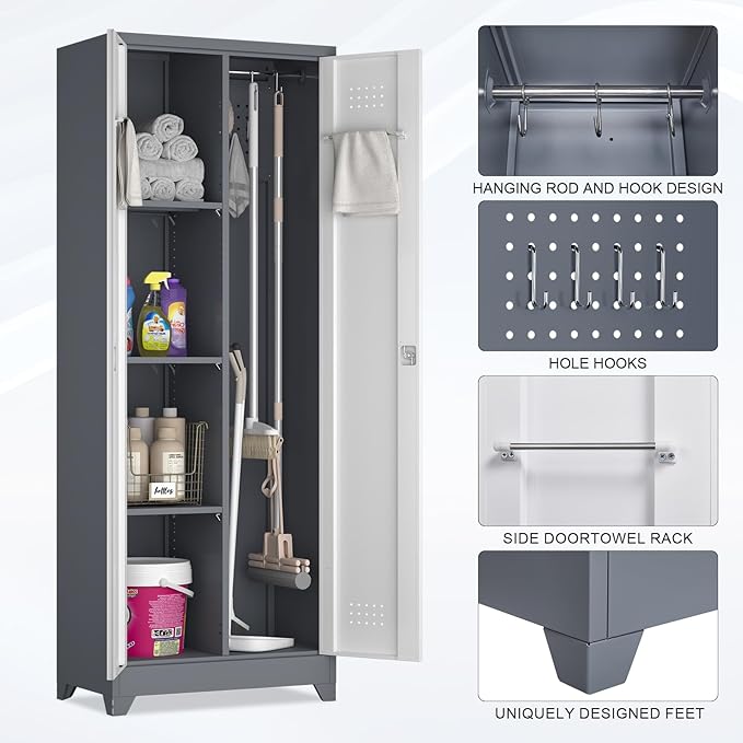 Broom Storage Cabinets, 65" Tall Broom Closet with Hanging Rod, Utility Closet Storage Cabinets with Doors and Shelves, Cleaning Tool Cabinet for Utility Room, Bathroom