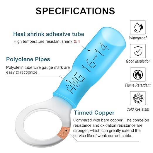 AutCreation 150PCS Heat Shrink Ring Terminals 1/4" Blue 16-14 AWG Marine Grade Electrical Wire Connectors, Tinned Red Copper Resistant Ring Connectors, Insulated Waterproof Crimp Terminals