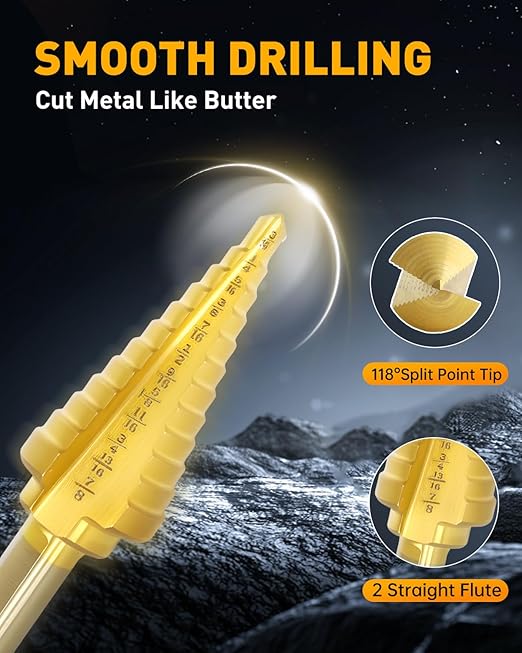 COMOWARE Step Drill Bit Set - Titanium Coated, Double Cutting Blades, High Speed Steel, Short Length Drill Bits Set of 3 pcs, Total 28 Sizes