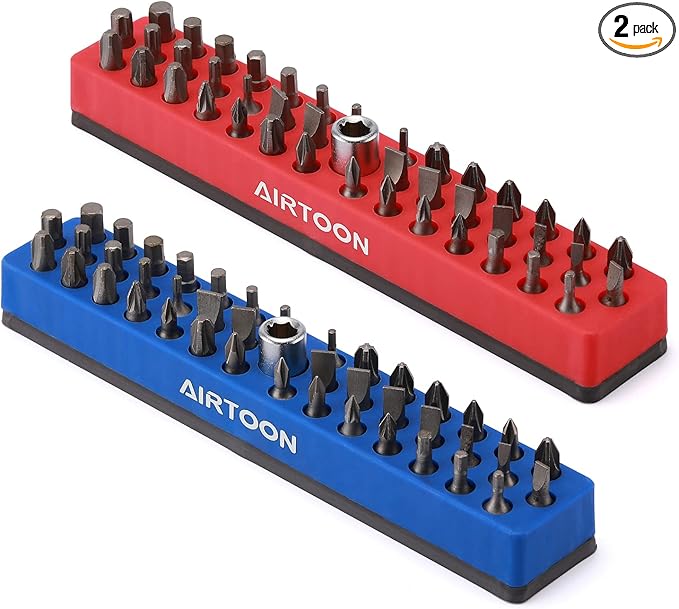 AIRTOON 2PCS 1/4" Magnetic Hex Bit Holder, 43 Holes Bit Storage with Strong Magnetic Base, Magnetic Screwdriver Bit Organizer, Red and Blue