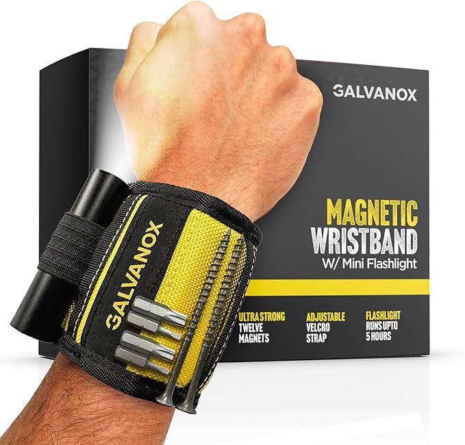 Galvanox Magnetic Wristband with Hands-Free Work Light (3-Mode) for Holding Screws Nails and Drill Bits, Durable Nylon with Powerful Magnets - Tool Gift for Men, Dad, Husband, Handyman (Yellow)