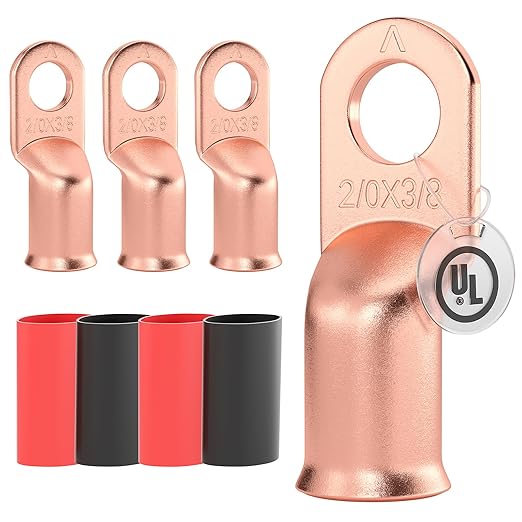 AIRIC UL Listed 2/0 AWG - 3/8" Battery Cable Lugs, Heat Shrink Ring Terminals End, Copper Cable Ends, Wiring Connector Terminal, Electrical Crimp Connectors, Wire Lug for 2/0 Gauge Wires, 4 PCS