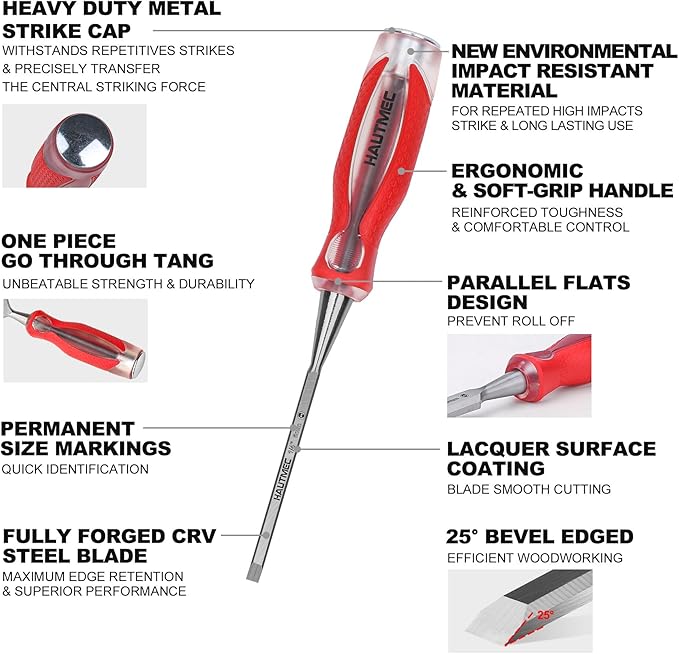 HAUTMEC 3-Piece Wood Chisel Set – High-Impact Drop-Forged CRV Steel, Fully Polished Beveled Edge Blades, Heavy-Duty Strike Cap & Extended Anti-Skid Handle – HT0364