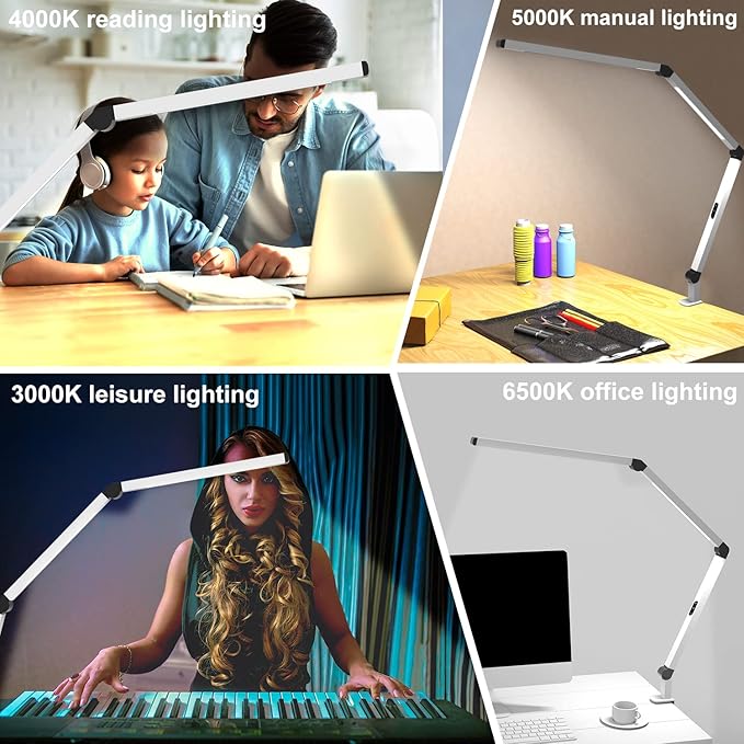 LED Desk Lamp with Clamp, Dual Light Table Lamp with Adjustable Swing Arm, Eye-Care 4 CCT Modes & 5 Brightness Levels Clip-on Architect Modern Desk Light for Home Office Crafting Sewing