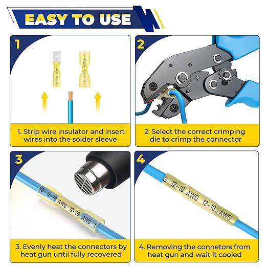 FORCA 740PCS Yellow Heat Shrink Wire Connectors Kit, AWG 12-10 Marine Grade Waterproof Crimp, Solder Seal Wire, Ring Fork Spade Bullet Solder Butt (13 Types)