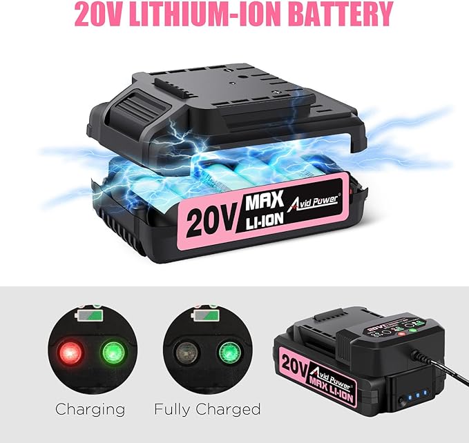 AVID POWER 20V MAX Lithium lon Cordless Drill Set, Power Drill Kit with Battery and Charger, 3/8-Inch Keyless Chuck, Variable Speed, 16 Position and 22pcs Bits (Pink)
