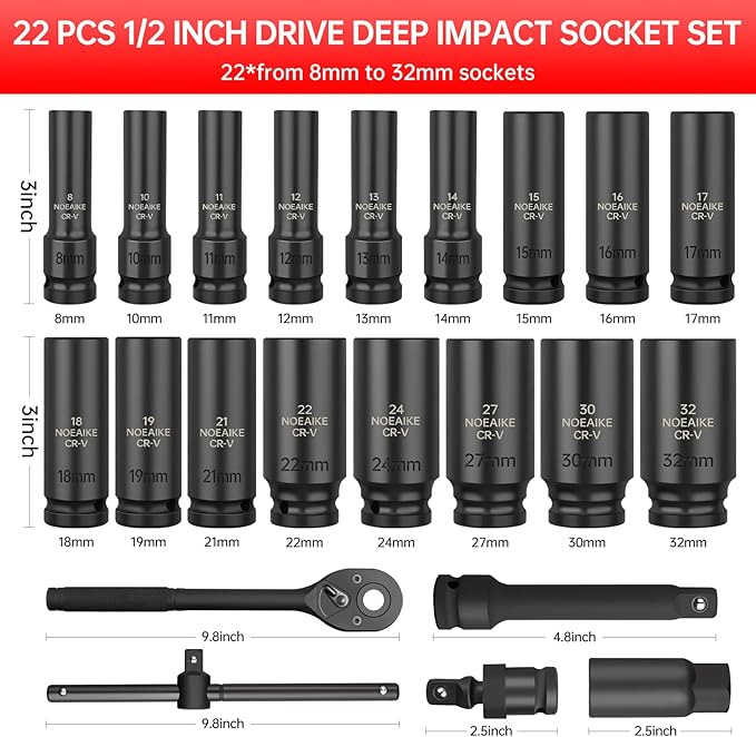 Socket Set,22 Pcs 1/2-Inch Drive Metric Deep Impact Socket Set,Cr-V Steel Sockets Size 8mm-32mm 6-Point,Includes Extension Bar,Universal Joint,1/2”Spark Plug Socket and Ratchet Handle