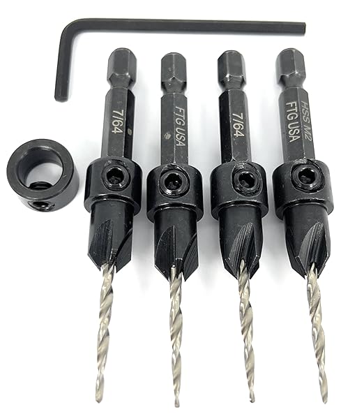 FTG USA Countersink Drill Bit Set 4 Pc #4 (7/64") Wood Bit, Tapered Bit, Stop Collar, Hex Wrench for Woodworking