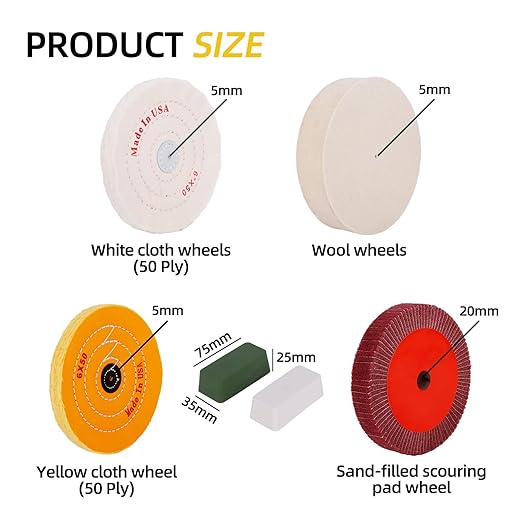6'' Hard Wool Felt Buffing Wheel Set Nylon Fiber Flap Disc Polish Grinding Wheel Cotton Buffing Wheels for Bench Grinder for Metal, Jewelry, Wood Polishing Rust Removal, with 2 Polishing Compound
