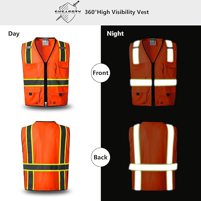 SKSAFETY 10 Pockets Hi Vis Safety Vest with Zipper - Class 2 Reflective Security Vest, ANSI/ISEA Standard - Construction Work Vest (Orange, 5XL)