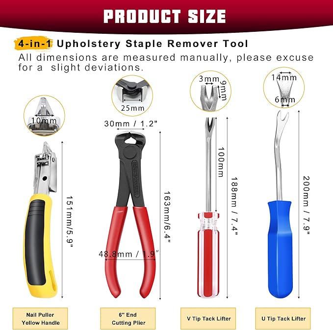 4Pcs Upholstery Staple Remover Tool Set with End Cutting Plier, Staple Puller, Nail Puller Plier, Tack Lifter, Zipper Bag,Fastener Remover Tools for Furniture Carpet Floor Wall Photo Frame