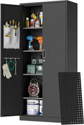 Big Metal Garage Storage Cabinet with Locking Doors, Lockable Heavy Duty Metal Tool Cabinet with Pegboard, Metal Utility Cabinet for Home, Office, Garage and Workshop, Black