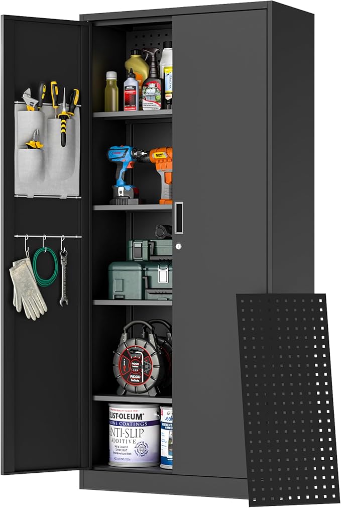 Big Metal Garage Storage Cabinet with Locking Doors, Lockable Heavy Duty Metal Tool Cabinet with Pegboard, Metal Utility Cabinet for Home, Office, Garage and Workshop, Black