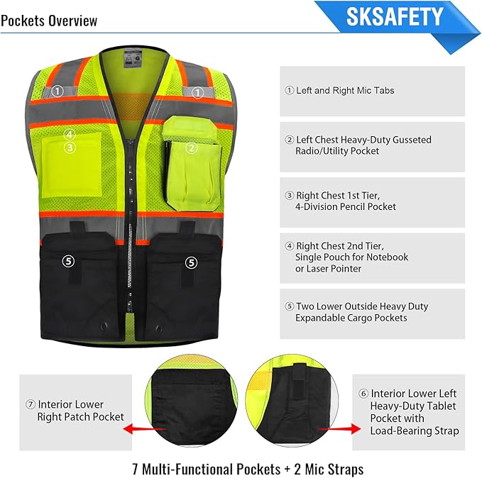 SKSAFETY 10 Pockets Professional level Safety Vest, Class 2 High Visibility Security Vest with Zipper, Hi Vis Vest with Reflective Strips, ANSI/ISEA Standard, Construction Work Vest（Lime Black, XL）