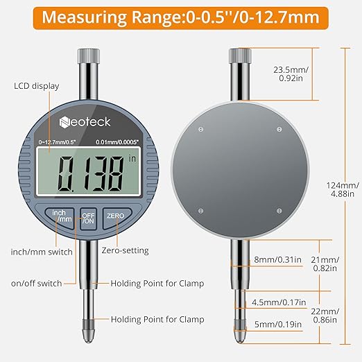 Neoteck Bore Gauge Set Digital Indicator Dial Bore Gauge (2-6"/0.0005") Measurement with Self-Centering Dial, Carbide Anvils,and Insulated Grips for Deep Engine Cylinder Measurement-Silver