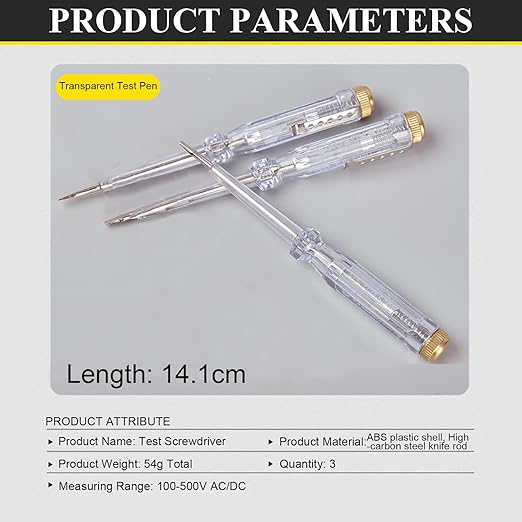 Fielect 3pcs Test Screwdriver, Voltage Detector Pen Light Circuit Tester Electric Test Pen Screwdriver Neon Tube AC/DC 100-500V Clear