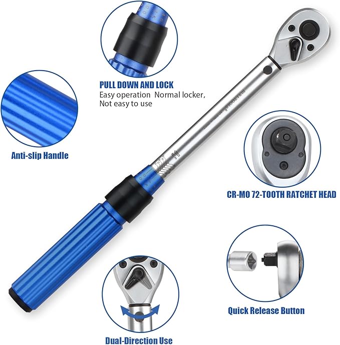 3/8-Inch Drive Click Torque Wrench, Dual-Direction 72-Tooth Torque Wrench Set 7.4-44.3 FT.LB/10-60 Nm Dual Range Scales Torque Wrench for Bike, Motorcycle, Car Spark