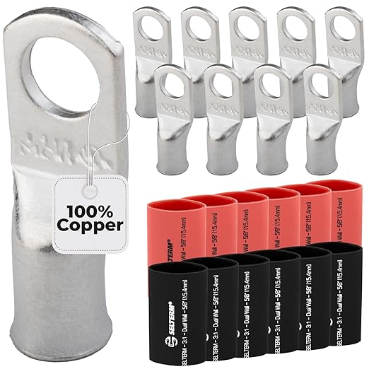 SELTERM 10pcs - 2 Awg - 3/8" Stud - Battery Lugs - Ring Terminal Connectors | with 12pcs 3:1 Black & Red Heat Shrink Tubing with Adhesive | Heavy Duty Battery Cable Ends - Tinned Copper Wire Lugs Kit
