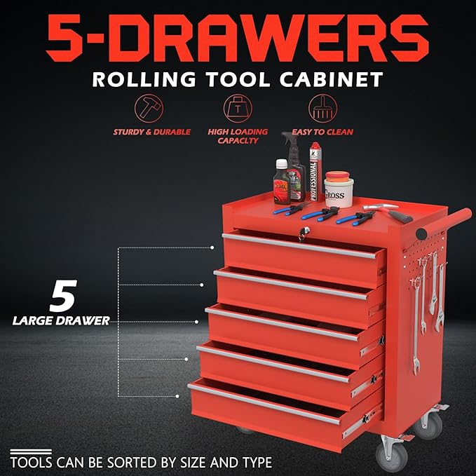 5-Drawer Rolling Tool Box, Metal Tool Chest with Wheels and Locking, Portable for Warehouse, Garage, Repair Shop, Workshop (Red, 5-Drawer)