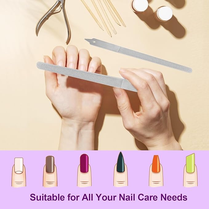 Metal Nail File (2 Pack) with Sharp Pointed Tip, Fingernail Files 8’’ for Natural Nails Stainless Steel Nail Filer Heavy Duty Sapphire Grit Double Sided Manicure Pedicure Toenails Tools
