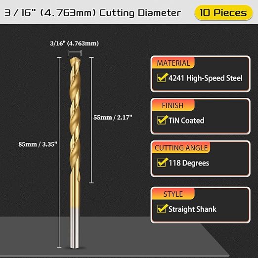 Drill Bit, 3/16" Cutting Diameter (4.763mm), 4241 HSS TiN Coated 118° Cutting Angle Versatile Jobber Bits - (Applications: for Drilling Plastic Wood Soft Thin Metal), 10-Pieces