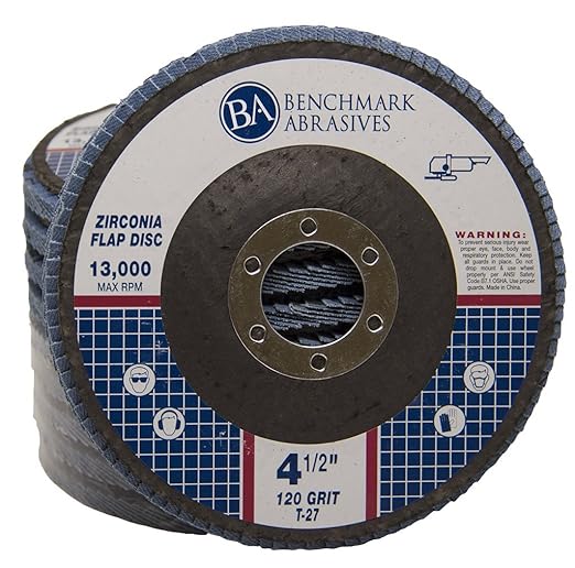Benchmark Abrasives 4.5" Premium Zirconia Type 27 Flat Flap Discs Grinding Wheels for Sanding Stock Rust Removal Finishing Grinding Deburring Stainless Steel, 7/8" Arbor (10 Pack) - 120 Grit