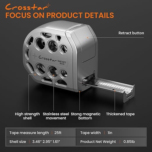 Crosstar 25FT Magnetic Self-Locking Stainless Steel Tape Measure, Double-Sided Scale, Waterproof & Rustproof Retractable Measuring Tape with Hollow Design for Home, Industrial, Woodworking