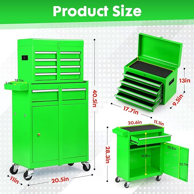 Rolling Tool Chest - 5 Drawers Tool Box Organizer with Lockable Wheels, Sliding Drawers, Detachable Top Tool Box - Tool Storage Cabinet for Garage Workshop, Green