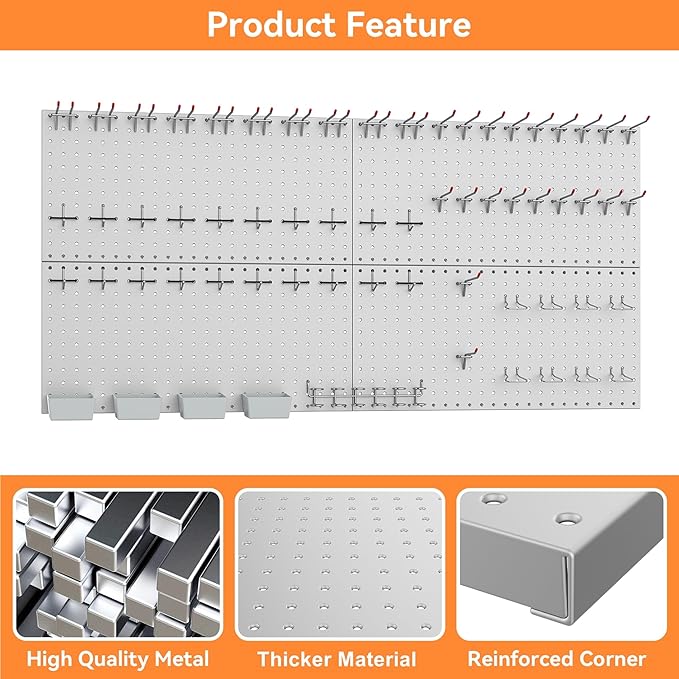 WALMANN Metal Pegboard Kit with Accessories for Wall Garage Tools Storage Pegboard System for Garage, Workbench, Modular Peg Board Tool Organizer Board with Hooks(Grey)