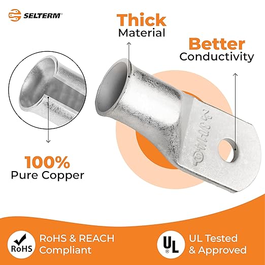 SELTERM 5pcs 3/0 AWG 1/4" Stud Tinned Copper Wire Lugs, Battery Lugs, Ring Terminals, Battery Cable Ends, 000 Gauge Ring Terminal Connectors, UL Marine Grade Electrical Battery Terminal Connectors