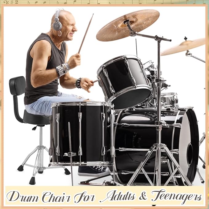 Sintuff Drum Throne with Backrest, Heavy Duty Adjustable Padded Hydraulic Drum Chair, Motorcycle Height Stool with Stable Bass Memory Foam Seat for Adult Drummers Guitar Players(Black,Classic)