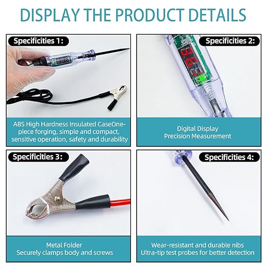 Upgraded Automotive Test Light 3-48V DC Digital LED Circuit Tester, Heavy Duty Light Tester with Voltmeter & Dual Color Polarity Indicate Light, Auto Voltage Tester Electric Light Test Pen