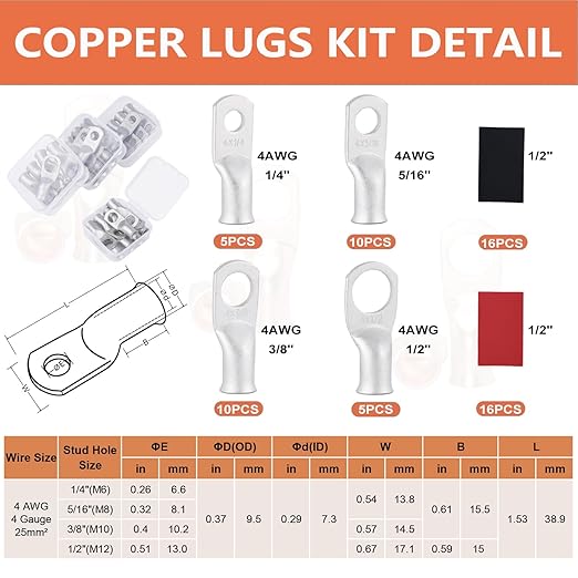 62PCS 4 AWG Tinned Ring Terminal Heat Shrink Tubing Set Copper Wire Lugs 4 Gauge 5/16", 3/8", 1/4", 1/2", 30Pcs Battery Cable Ends and 32PCS Heat Shrink Tubing